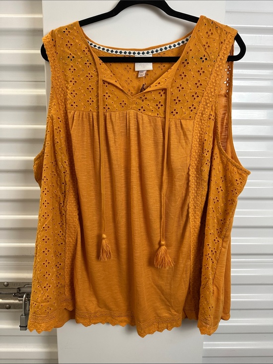 Knox Rose Tops - KNOX ROSE Mustard Eyelet Tassel Sleeveless Top -  Women